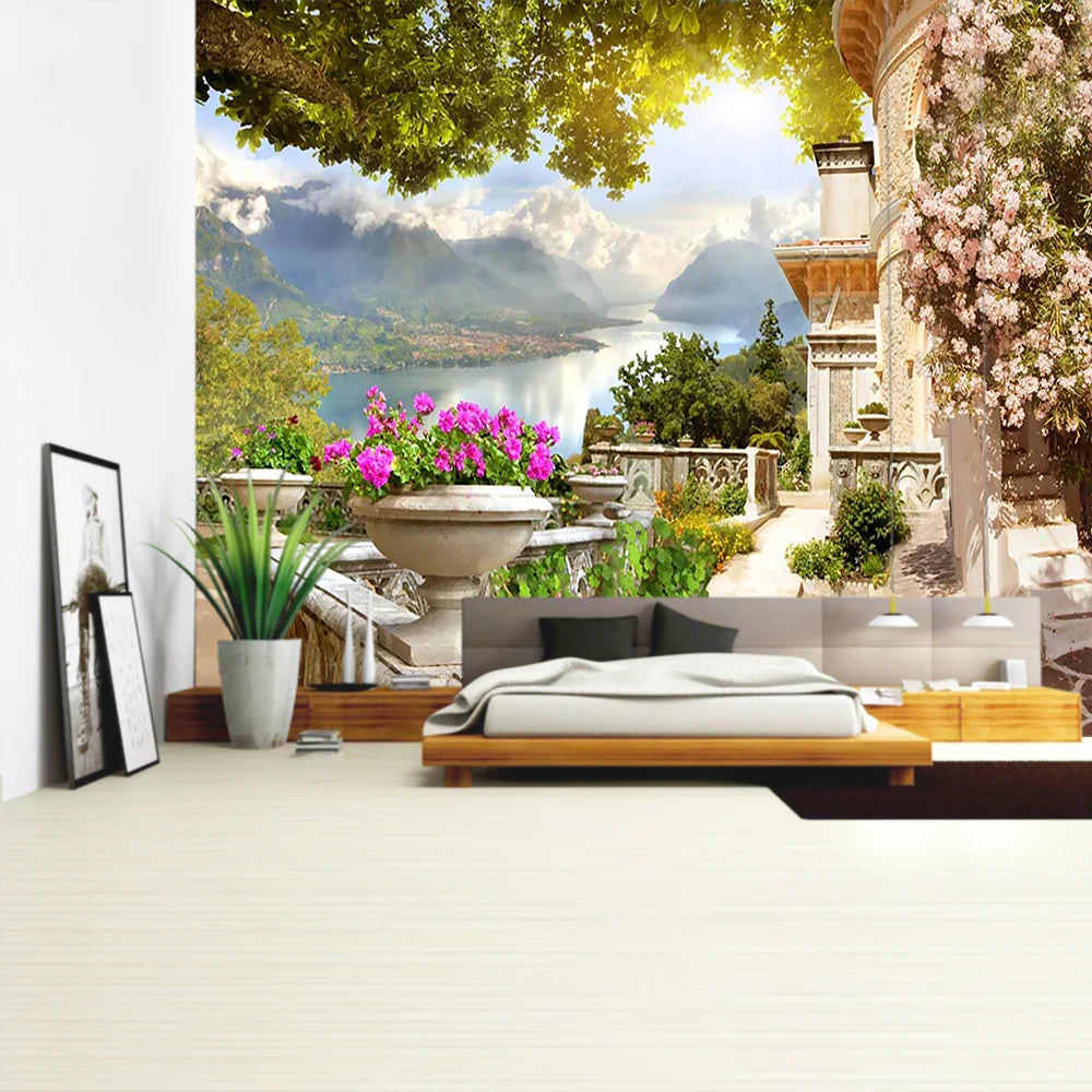 Tapiz DecorBites™ con paisaje de plantas verdes | Tapiz bohemio para pared en City Castle Hill