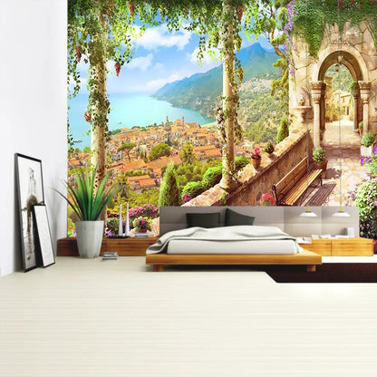 Tapiz DecorBites™ con paisaje de plantas verdes | Tapiz bohemio para pared en City Castle Hill