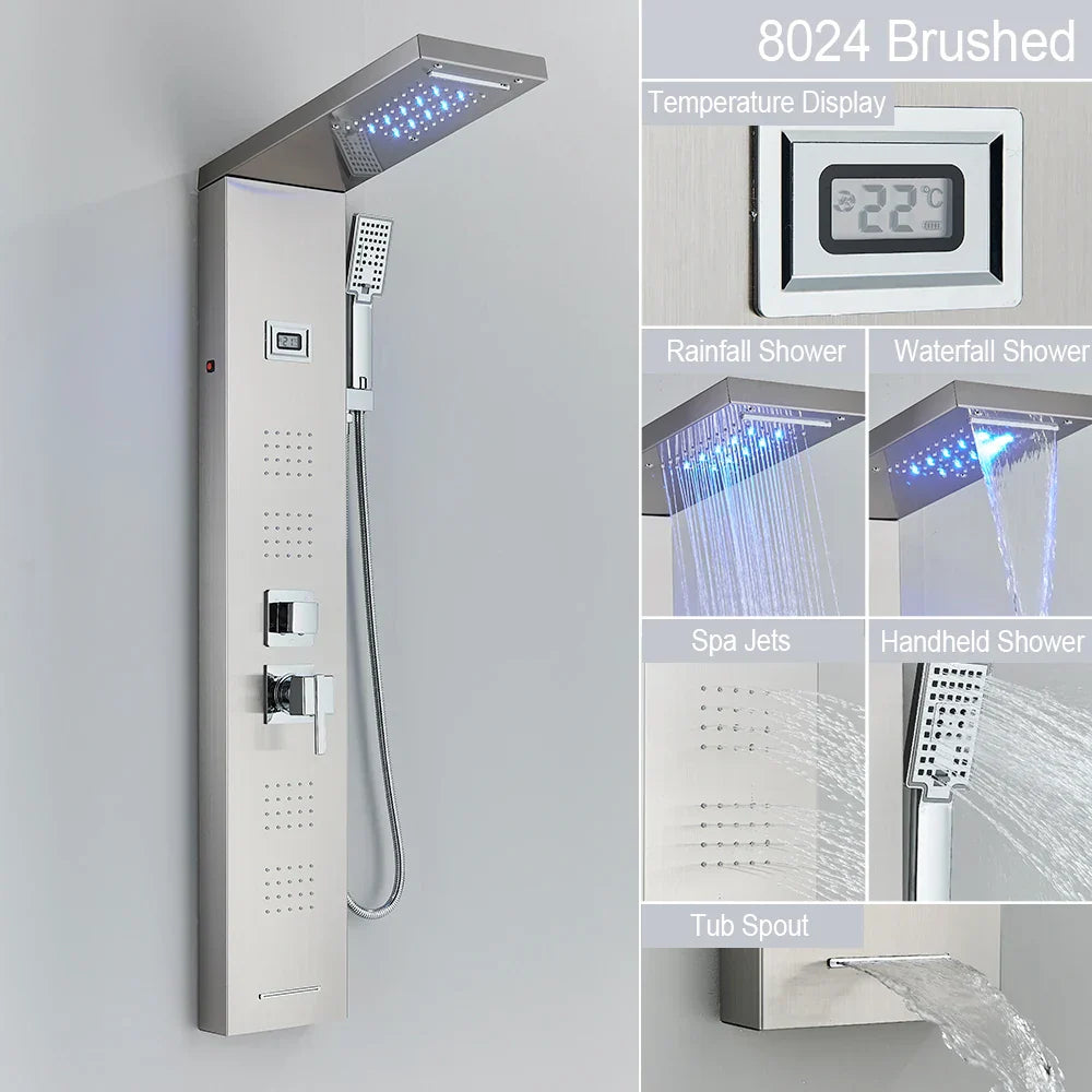 مجموعة دش مطري DecorBites™ أسود بإضاءة LED وشلال مع نفاثات تدليك