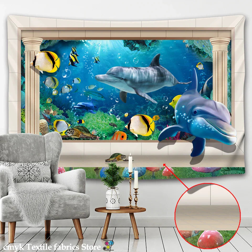 Decobites Underwater World Tapestry: Marine Museum Whale Wall Cloth for Bohemian Hippie Decor