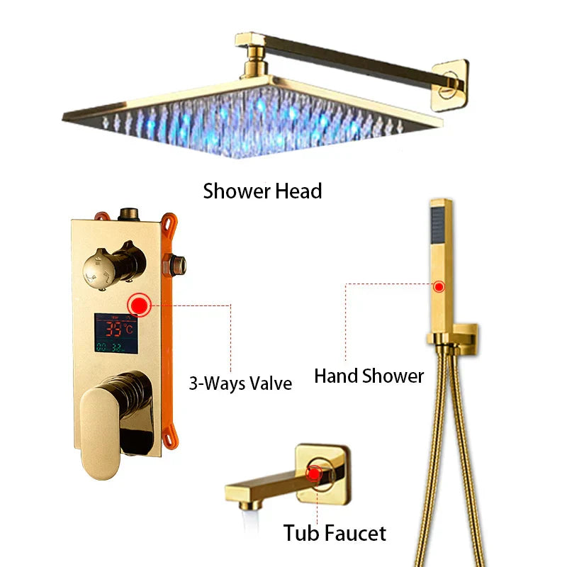 Decorbites™ Grifo de Ducha de Lluvia con Pantalla Digital de 12" en Oro y Control de Palanca Única