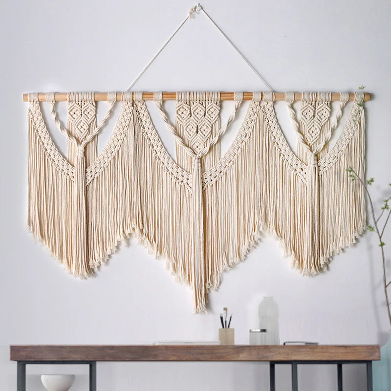 Decobites Large Hand-Woven Macrame Wall Hanging Tapestry with Wooden Stick & Tassels