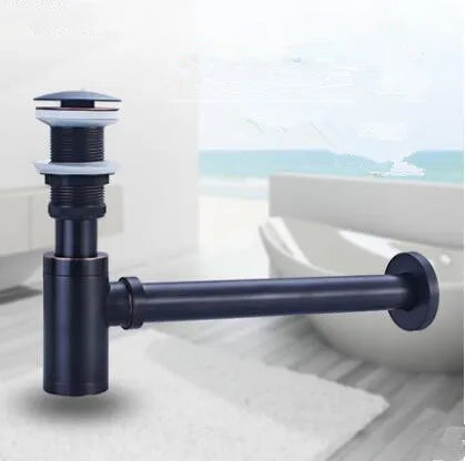 مجموعة تصريف المياه المنبثقة من DecorBites™ المصنوعة من النحاس العتيق مع أنبوب P-Trap لحوض الحمام.