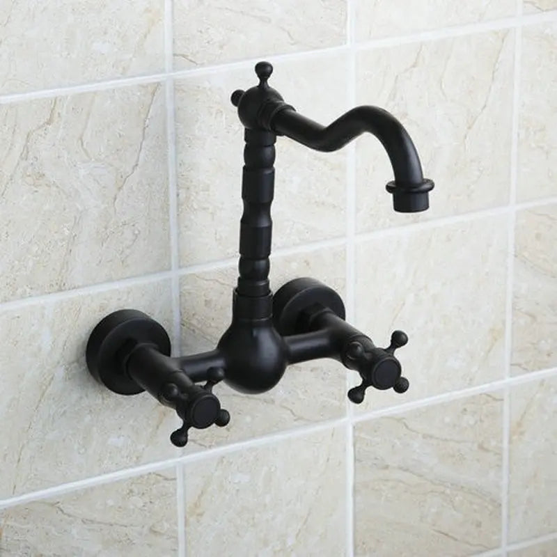 DecorBites™ Black Swivel Wall Mounted Bathroom Faucet with Ceramic Base - 2 Handles