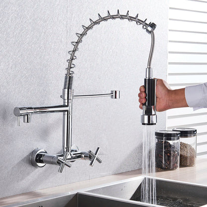 DecorBites™ Gold Black Kitchen Faucet Wall Mount Pull Down Tap Dual Swivel Spouts