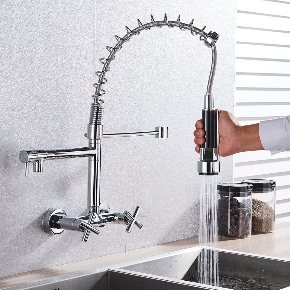 Decorbites™ Grifo de Cocina Dorado Negro de Montaje en Pared con Extracción y Dos Caños Giratorios