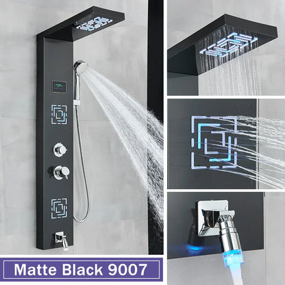 DecorBites™ LCD Black LED Rainfall Shower Panel with 5 Massage Jets Wall Mount