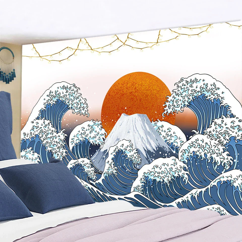 Decobites Kanagawa Waves Hanging Tapestry: Boho Sun Wall Tapestries, Bedspread, Yoga Mat