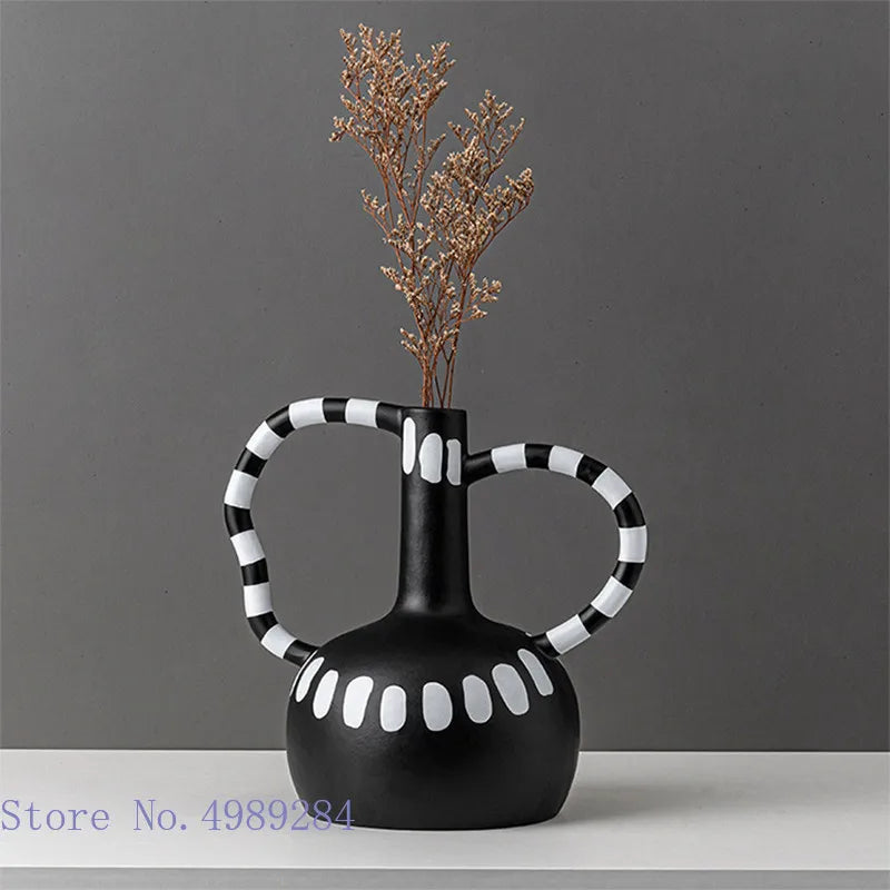 DecorBites™ Ceramic Vase with Black and White Spots | Abstract Wave Point Design