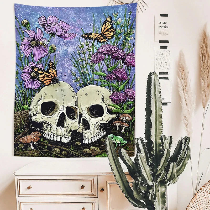 Decobites Psychedelic Skull Flower Butterfly Tapestry Wall Hanging Art for Home Decor