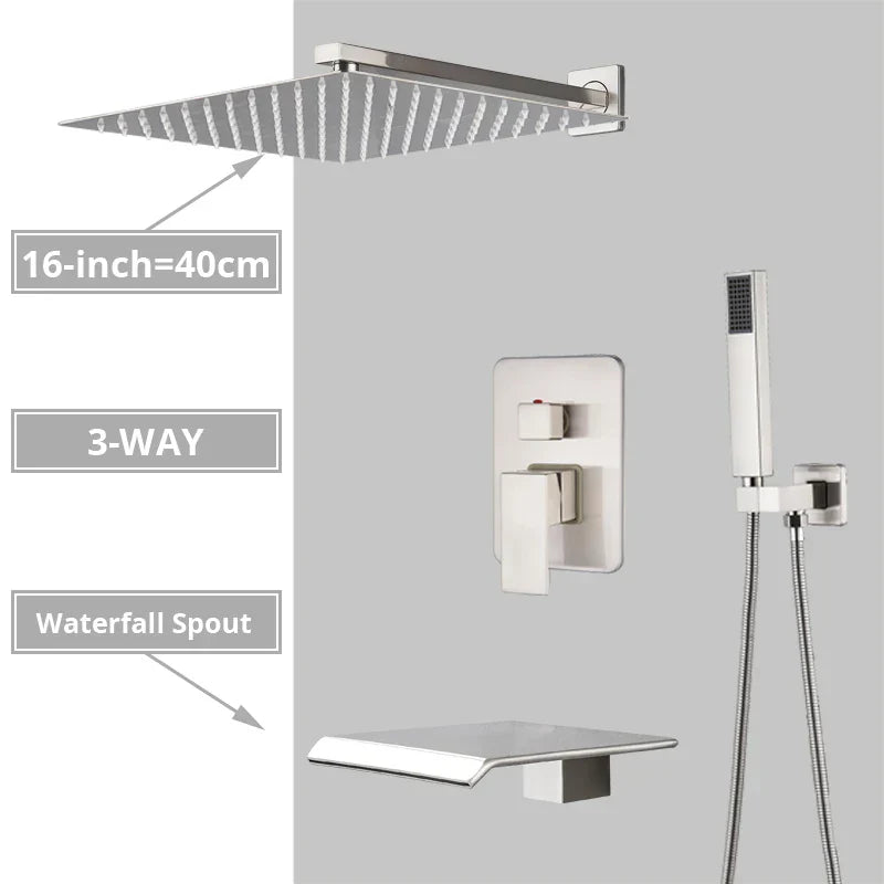 Sistema de ducha DecorBites™ de níquel cepillado con cabezal de ducha tipo lluvia para baño de pared