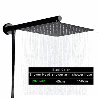 Juego de cabezal de ducha tipo lluvia ultrafino negro DecorBites™ con soporte de brazo, manguera y grifo.