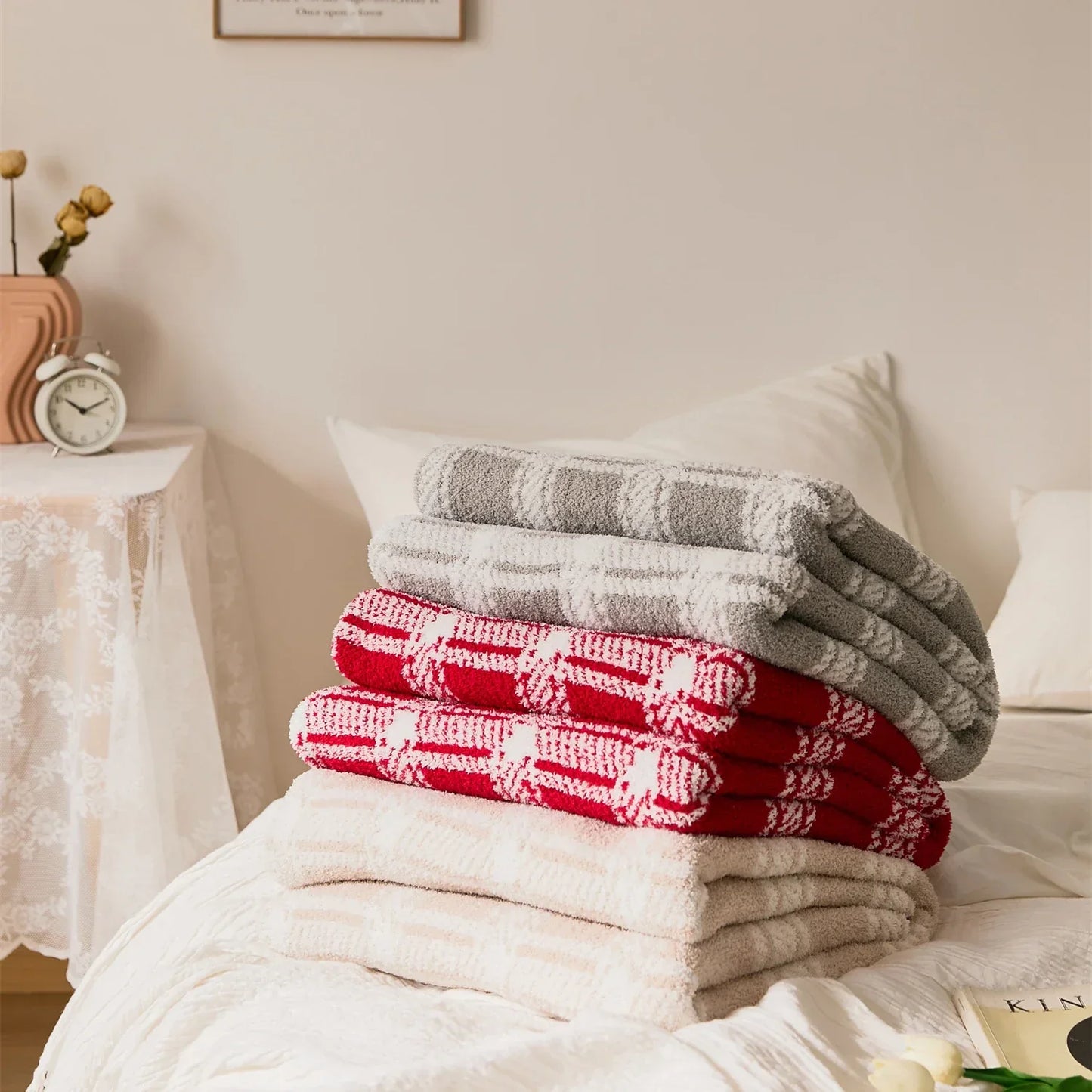 DecorBites™ Fluffy Stripe Plaid Blanket: Cozy Microfiber Home Decoration