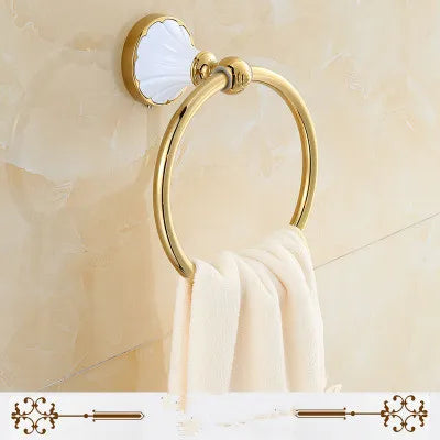 Conjunto de Accesorios para Baño Decorbites™ Oro y Blanco: Estante de Esquina, Soporte para Papel, Soporte para Toallas, Soporte para Cepillo de Inodoro, Perchero para Toallas