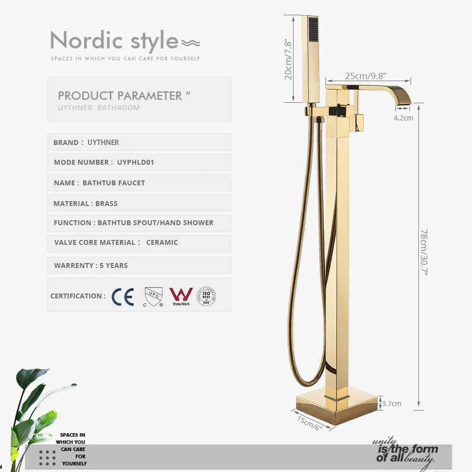 DecorBites™ Gold Bathtub Faucet Set Hot Cold Water Shower Mixer Tap Waterfall Floor Stand