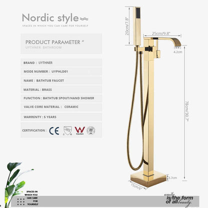 DecorBites™ Gold Bathtub Faucet Set Hot Cold Water Shower Mixer Tap Waterfall Floor Stand
