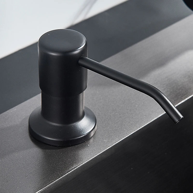 Dispensador de jabón de cocina DecorBites™ de 220 ml, negro, con cabezal de acero inoxidable y botella para detergente líquido en 3 colores.