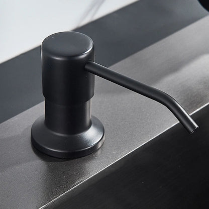 Dispensador de jabón de cocina DecorBites™ de 220 ml, negro, con cabezal de acero inoxidable y botella para detergente líquido en 3 colores.