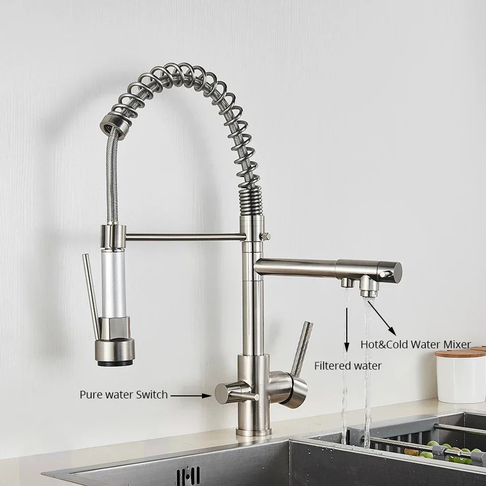 Grifo Filtro de Agua de Cocina Decorbites™: Mezclador de Tres Picos, Rotación de 360°, Función de Purificación de Agua