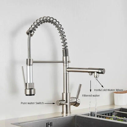 Grifo Filtro de Agua de Cocina Decorbites™: Mezclador de Tres Picos, Rotación de 360°, Función de Purificación de Agua
