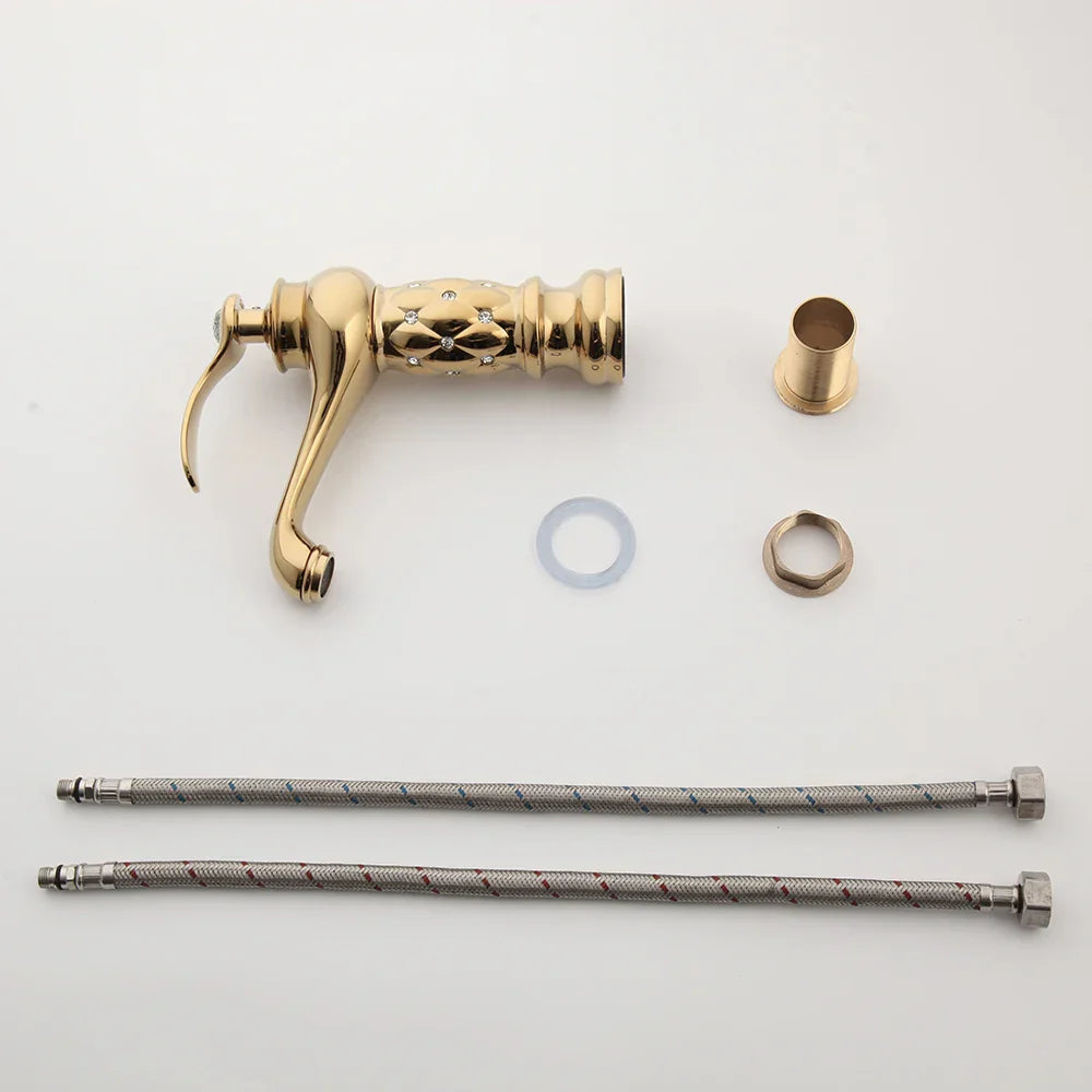 DecorBites™ Golden Plated Bathroom Basin Faucet High Short Style Single Handle Sink Mixer Tap