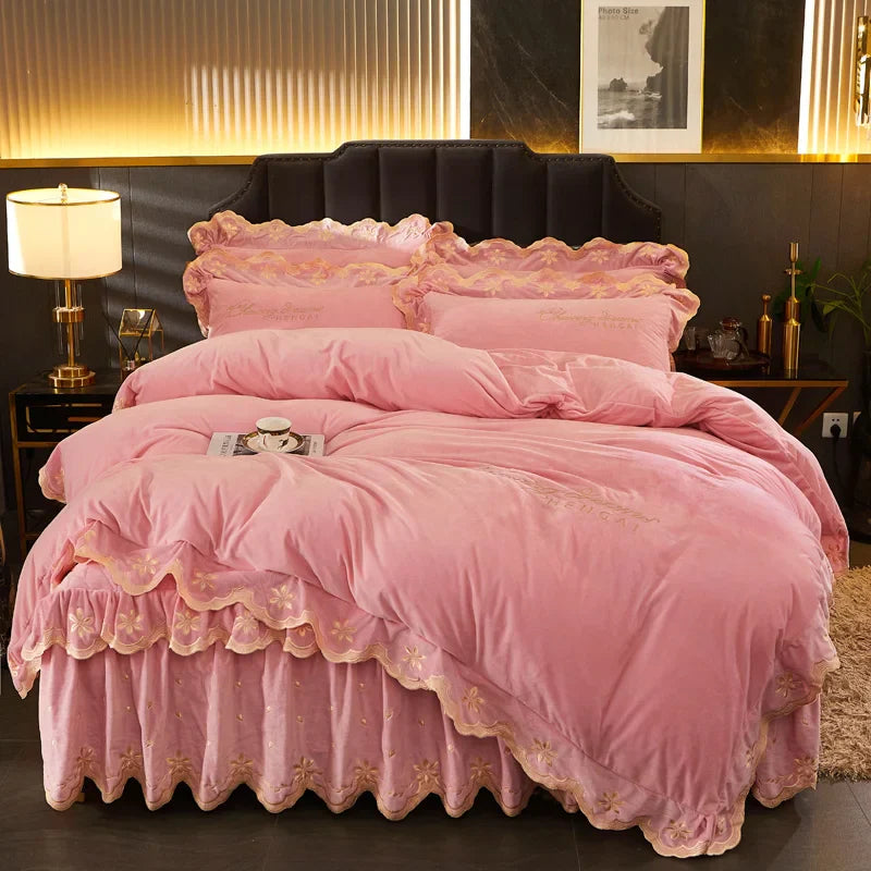 Decobites Velvet Bedding Set with Gold Embroidery & Ruffles