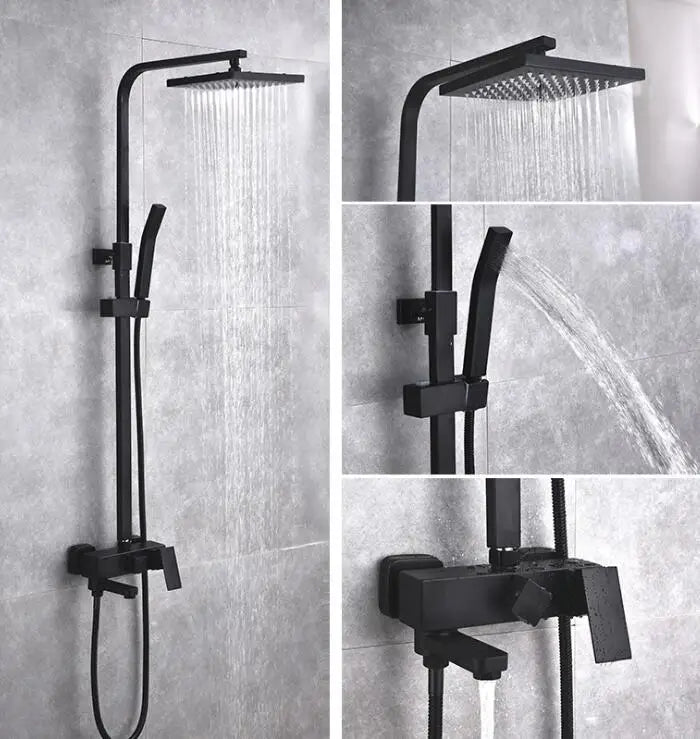 DecorBites™ Black Brass Shower Set with Tub Faucet - Rainfall Bath Mixer for Bathtub