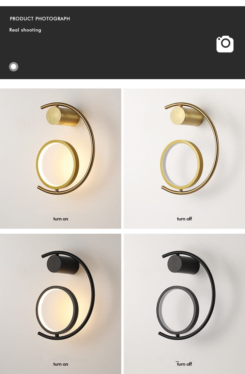 modern gold luxury creative led bedside wall lamp features a sleek curved metal frame with a circular light fixture available in gold or black finishes for a minimalist led bedside wall design.