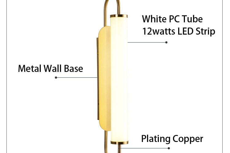 Modern minimalist gold led wall lamp with gold-plated copper base and sleek white pc tube housing a 12-watt led strip for bedroom lighting.