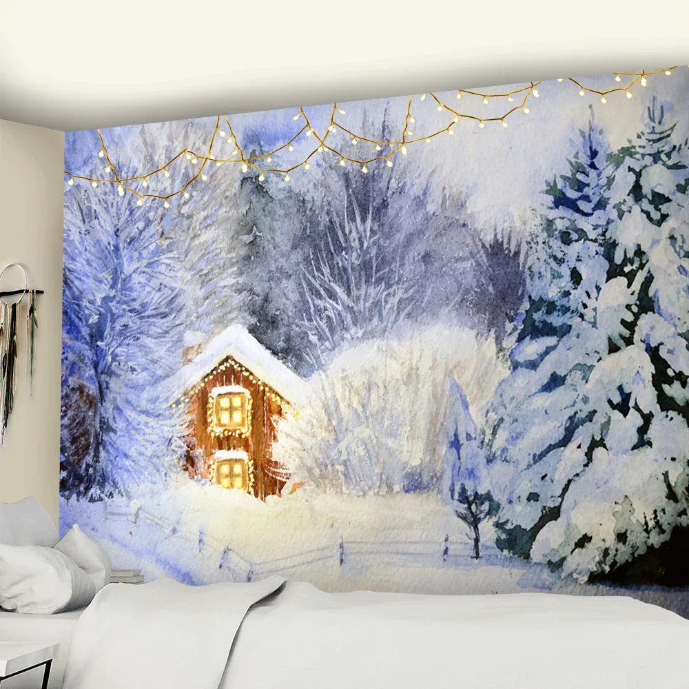 Decobites Christmas Village Wooden House Tapestry Ice and Snow Wall Hanging