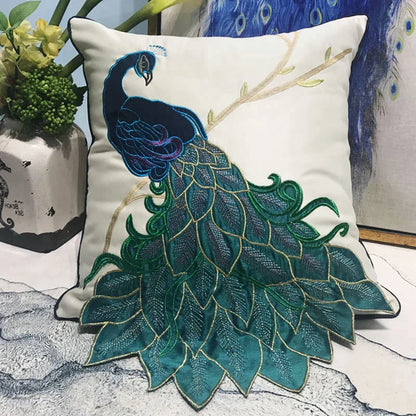 DecorBites™ Embroidered Peacock Design Cushion Cover - Chinese Style Decorative Pillow Case