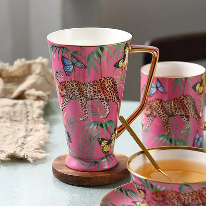 Juego de tazas de café de porcelana fina DecorBites™ con diseño de animales de la selva, ideal para amantes del té y para la oficina.
