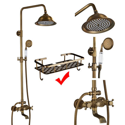 Juego de mezclador de grifo de ducha de latón DecorBites™ con cabezal de lluvia de 8", estante de almacenamiento y ganchos