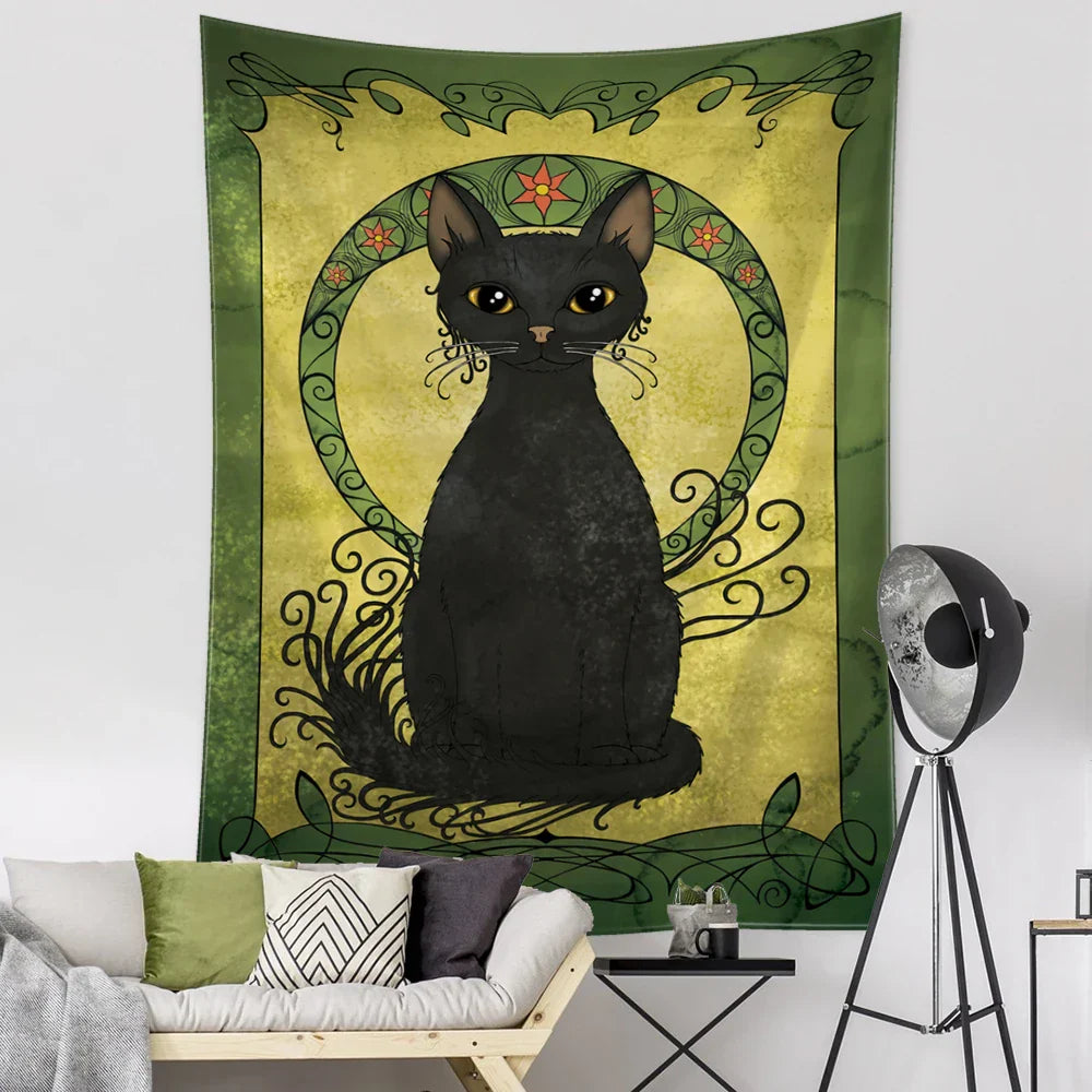 Decobites Black Cat Tarot Tapestry: Psychedelic Hippie Wall Hanging Room Decor