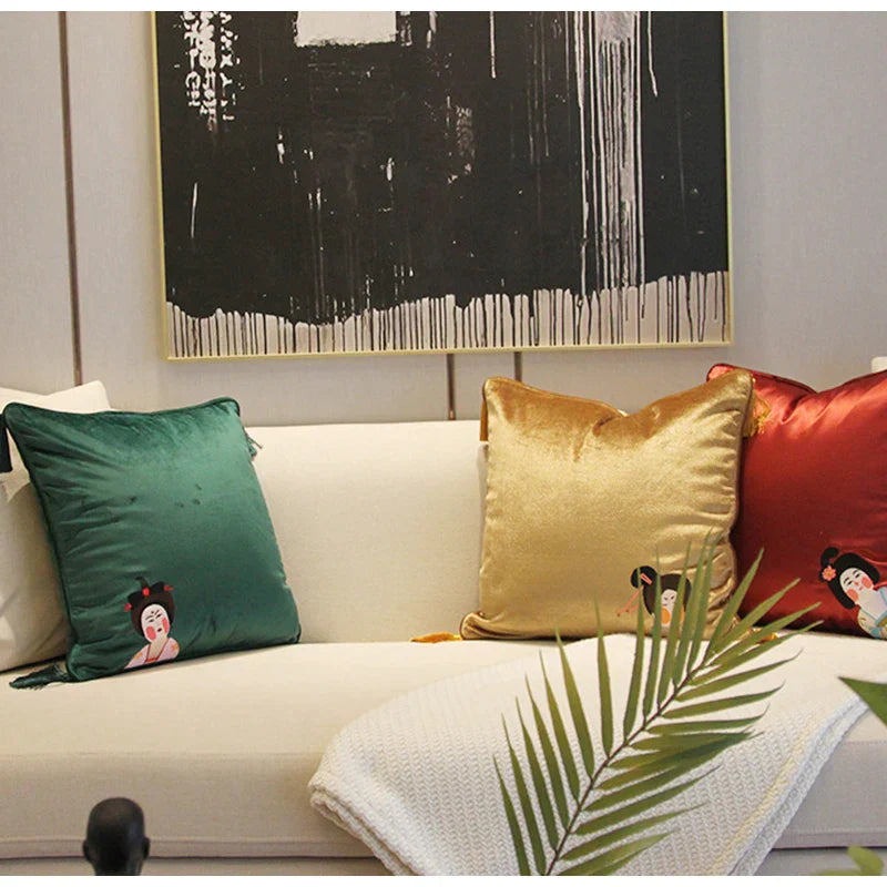 DecorBites™ Chinoiserie Tang Dynasty Lady Embroidered Cushion Cover for Sofa