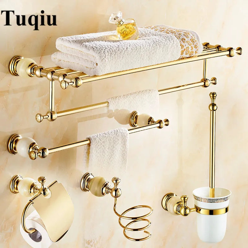 DecorBites™ Brass Jade Bathroom Hardware Set: Corner Shelf, Paper Holder, Towel Bar, Soap Basket, Rack.