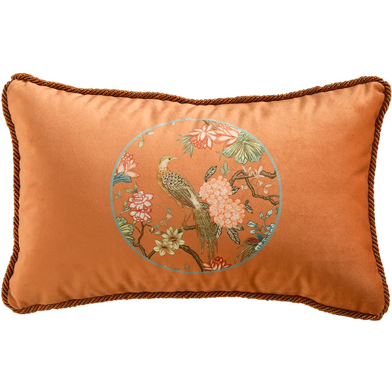 DecorBites™ Chinese Peony Flower & Bird Print Vermilion Pillow Cover