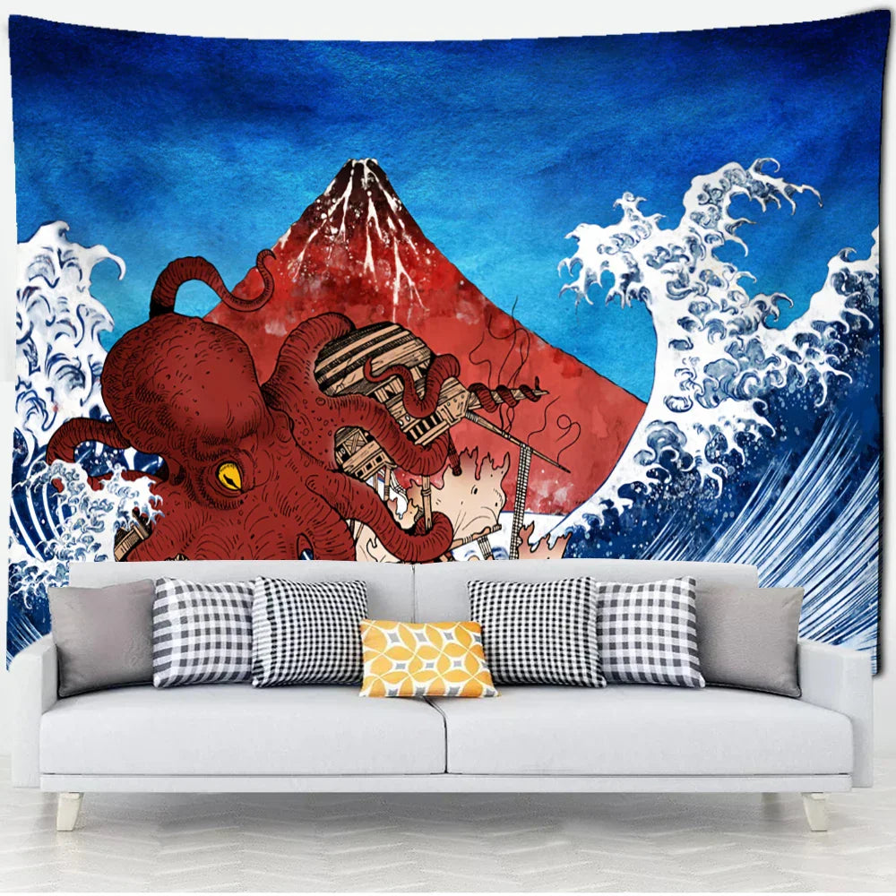 Decobites Kanagawa Waves Oil Painting Tapestry Wall Hanging, Bohemian Style Psychedelic Hippie Art