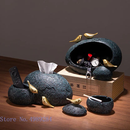 DecorBites™ Golden Bird Resin Tissue Box Ashtray Desktop Organizer Storage Box