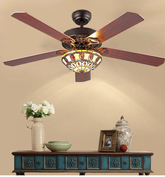 DecorBites™ 52-inch Tiffany Ceiling Fan Light with Remote Control and Wood Leaf Design