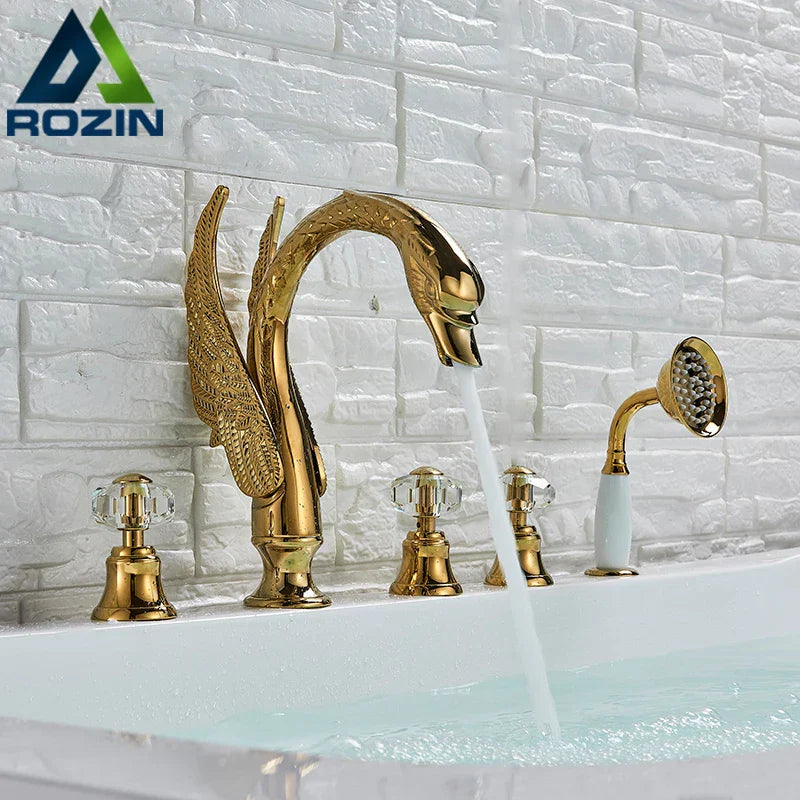 DecorBites™ Crystal Knob Swan Faucet 5-Hole Widespread Tub Mixer with Handshower