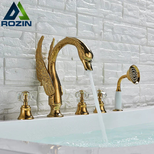 DecorBites™ Crystal Knob Swan Faucet 5-Hole Widespread Tub Mixer with Handshower
