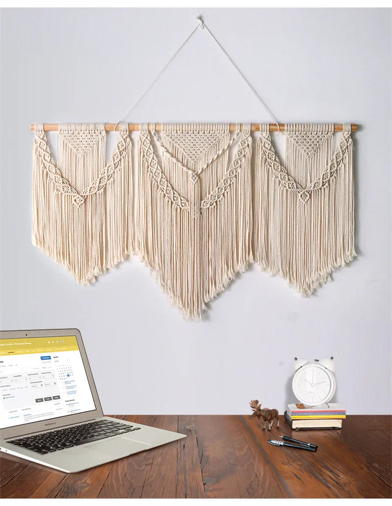 Decobites Large Hand-Woven Macrame Wall Hanging Tapestry with Wooden Stick & Tassels