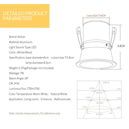DecorBites™ 7W LED Recessed Downlight, Dimmable, CRI97, Angle Adjustable Spot Light