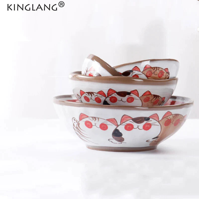 Cuenco de cerámica de gato de la suerte hecho a mano al estilo japonés Decorbites™ - Cuenco de porcelana ecológico