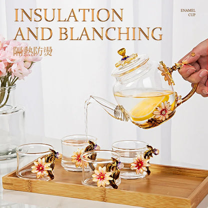 طقم إبريق شاي من الزجاج الكريستالي والمينا من ديكوربايتس™ للمشروبات الساخنة والباردة