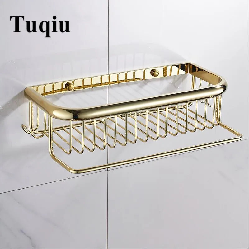 Estante de baño de latón dorado Decorbites™ con perchero para toallas, soporte para champú y canasta