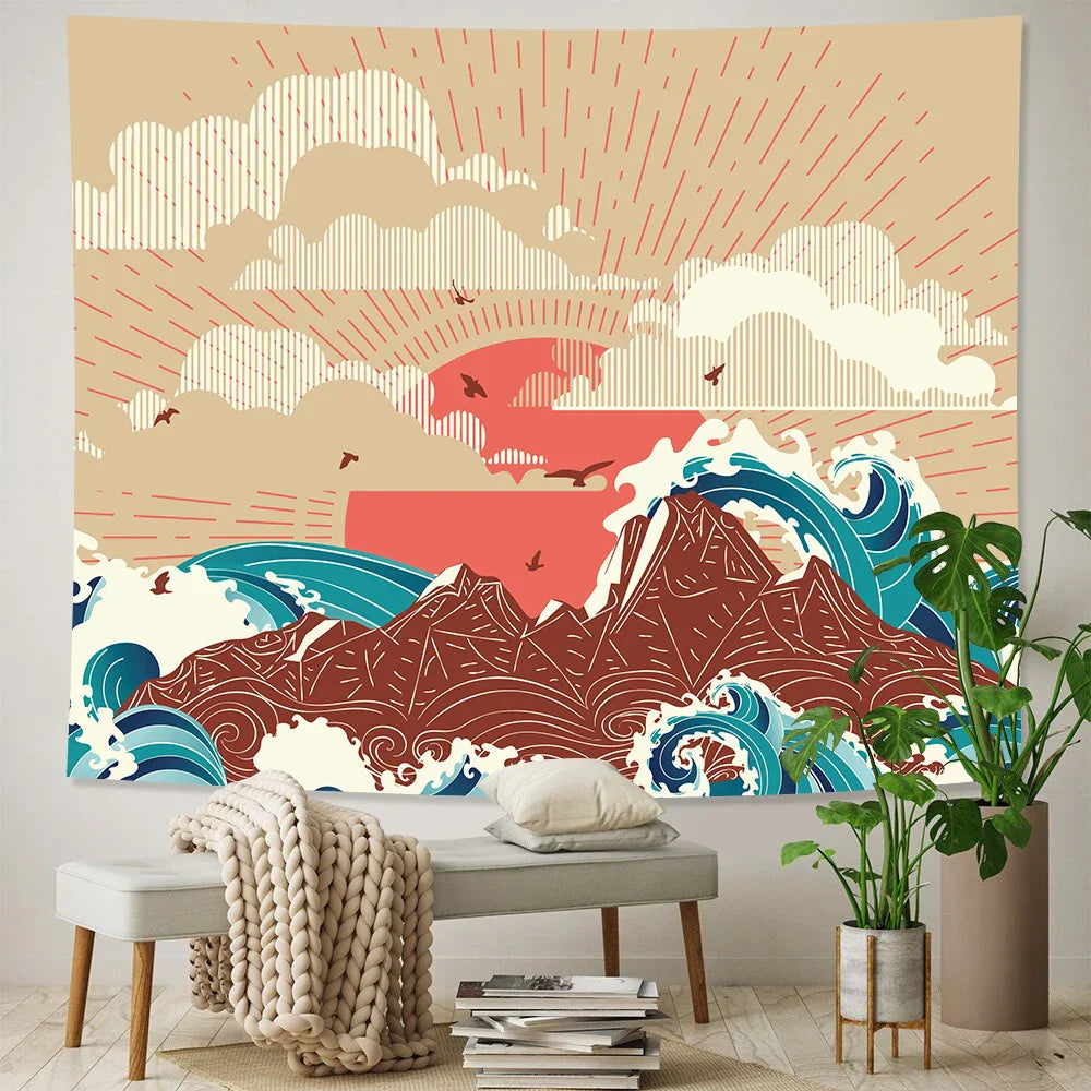 Decobites Sea Sunrise Japanese Home Art Tapestry Hippie Bohemian Wall Bed Sofa Blanket