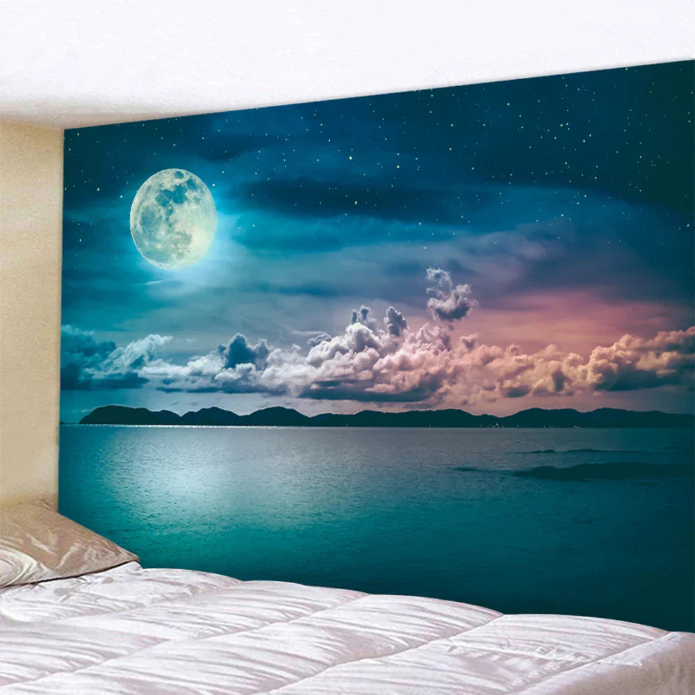 Decobites Beach Moon Night Sky Tapestry for Hippie Bohemia Decor & Yoga Mat