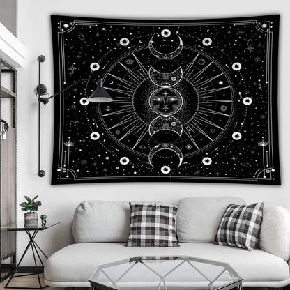 Decobites Moon Phase Tapestry: Stars Space Psychedelic Black & White Wall Hangings